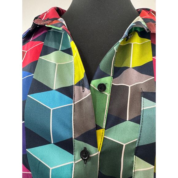 MILLY Geometric Shirt Dress Cube Collared Tie Back 3/4 Sleeve Button-Up Large L - Picture 3 of 7